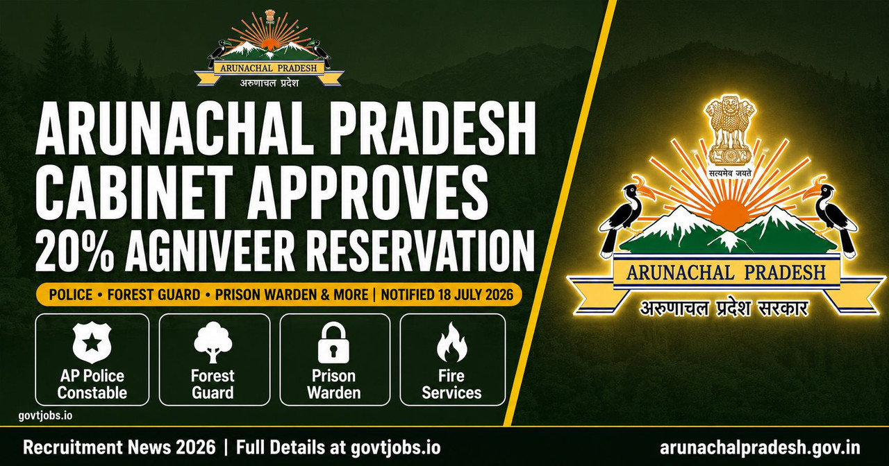 Arunachal Pradesh 20% Agniveer Reservation 2026 — Police, Forest Guard & More — govtjobs.io Arunachal Pradesh Cabinet approves 20 percent reservation for retired Agniveers in police forest guard prison warden posts 2026