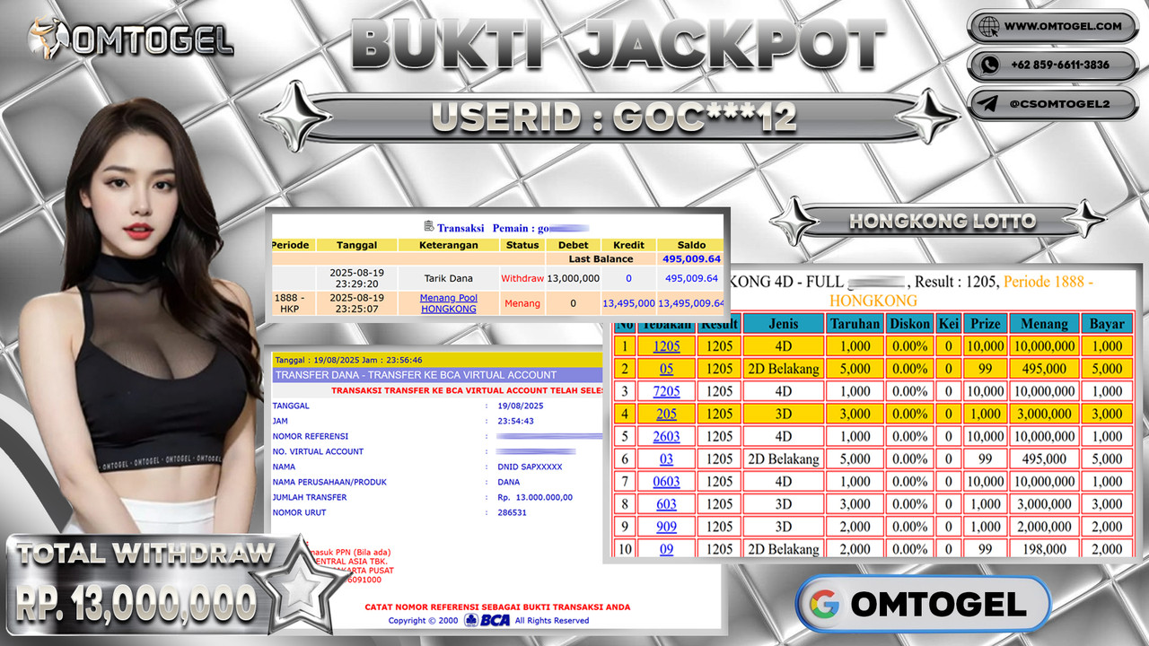 OMTOGEL JACKPOT HONGKONG LOTTO 4D 3D 2D 13 JUTA DI BAYAR LUNAS ,-