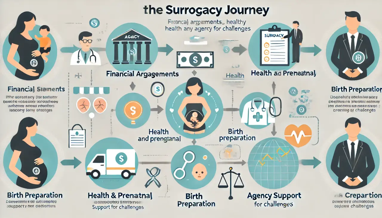 Steps in the surrogacy journey, including financial planning, prenatal care, and agency support.