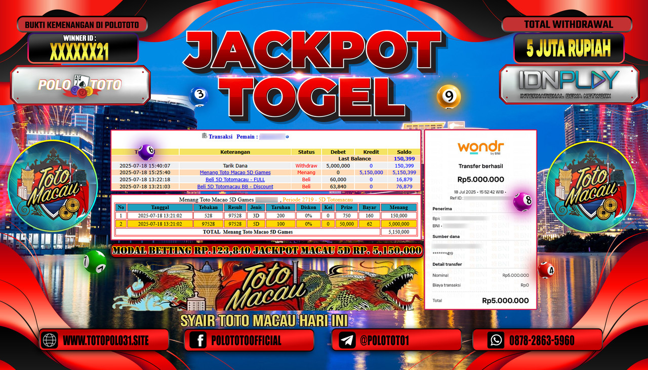 POLOTOTO JACKPOT TOGEL TOTO MACAU Rp.5.000.000,- LUNAS