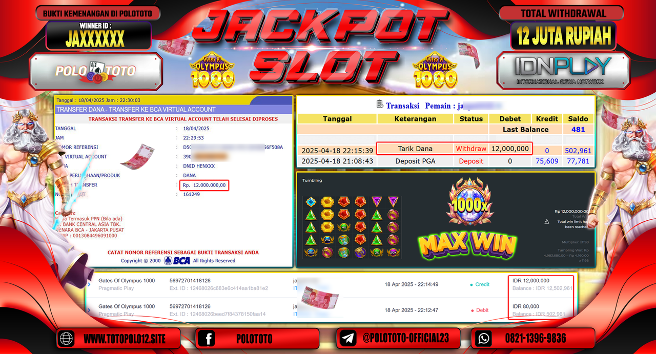 POLOTOTO JACKPOT SLOT GATES OF OLYMPUS 1000 Rp.12.000.000,-