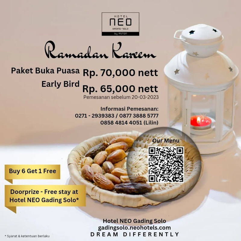 Hotel NEO Gading Solo, hotel di Solo yang menawarkan paket bukber all you can eat murah meriah mulai harga Rp 60 ribu per pax.