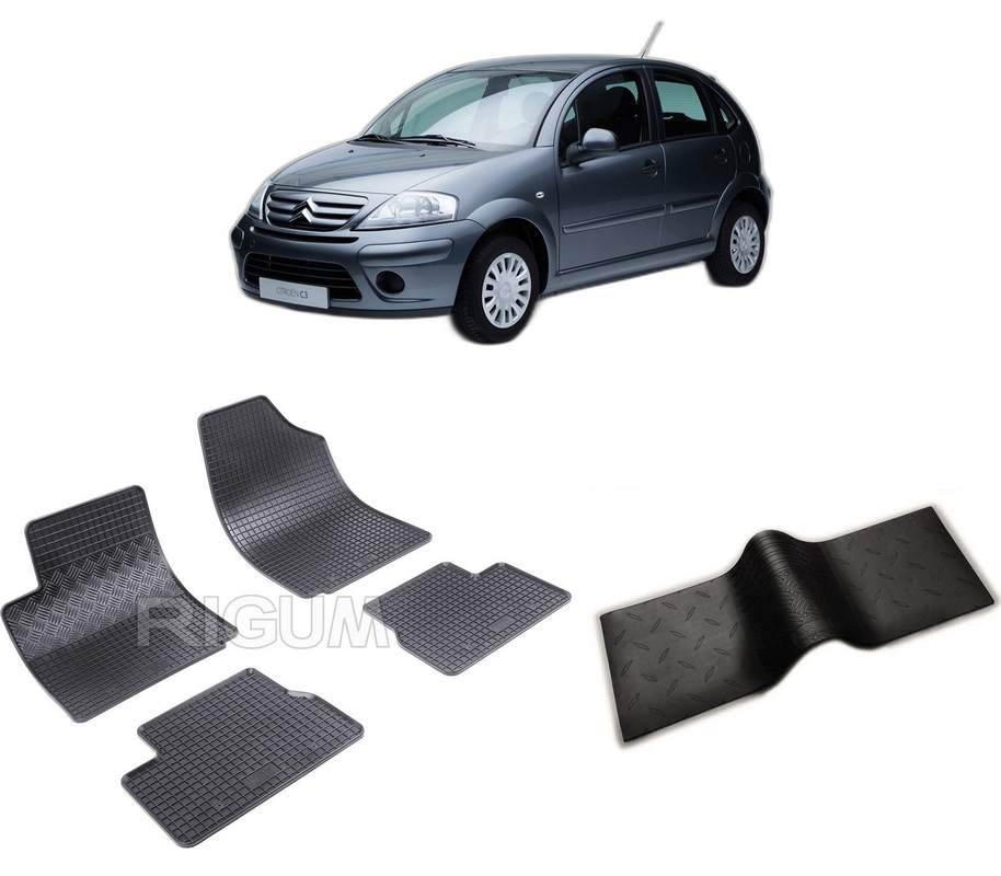 Set covorase auto CITROEN C3 I din 2002-2009, cu covoras tunel median, CAROSERIE HATCHBACK, Presuri cauciuc 100%, compatibil cu autoturismul CITROEN C3 I, Rigum