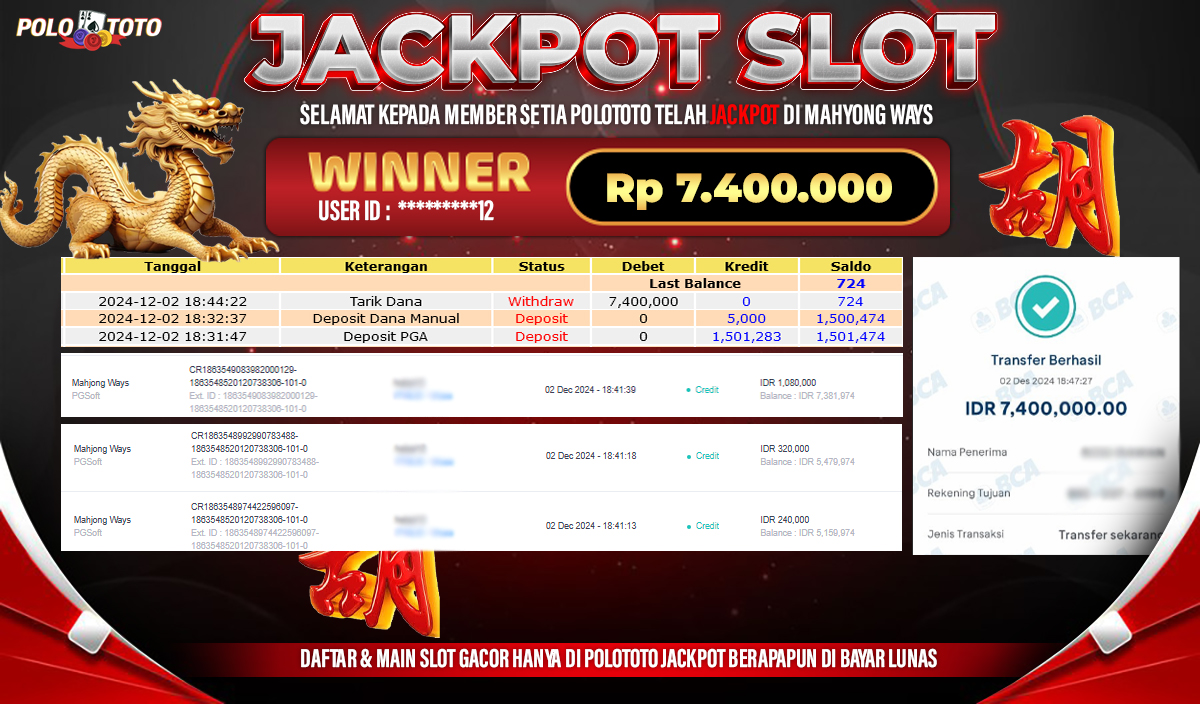 POLOTOTO JACKPOT SLOT MAHJONG WAYS  Rp.7,400.000,-