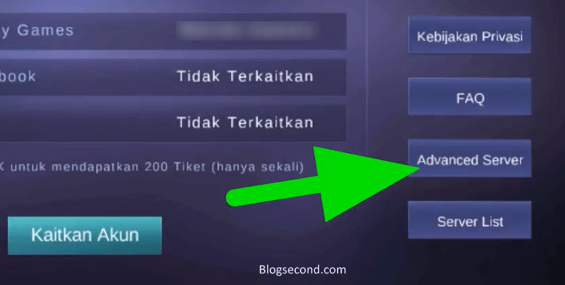 Tombol Advanced Server di Mobile Legends