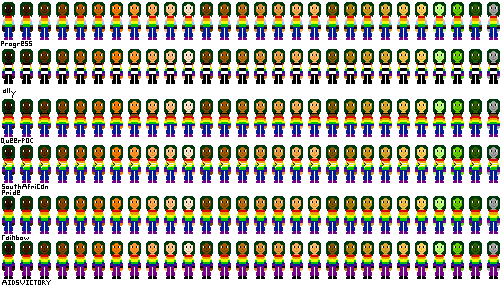 a row of people with pride flag shirts and even darker green hair