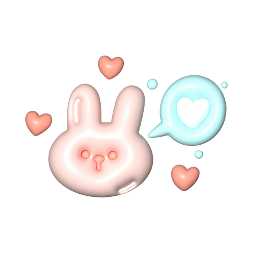 a light pink bunny with darker pink hearts around it and a blue speech bubble with a white heart in it