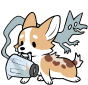 A red merle corgi with a haunted blender