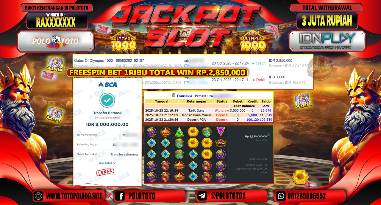 POLOTOTO JACKPOT SLOT GATES OF OLYMPUS 1000 Rp.3.000.000,- LUNAS