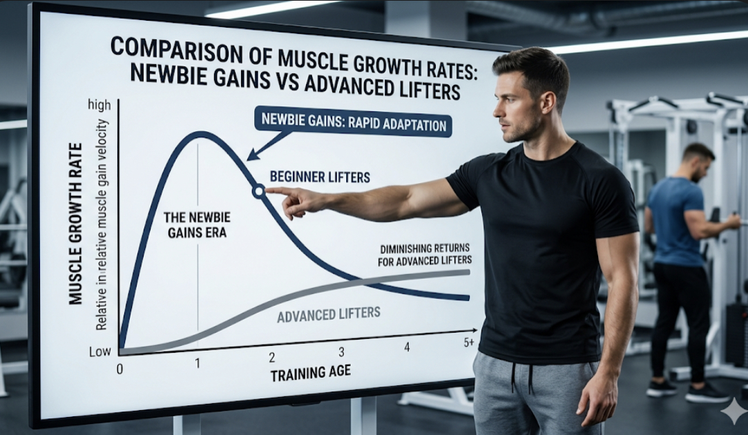 Graph comparing beginner muscle growth rate vs advanced lifters showing newbie gains and why beginners gain muscle faster