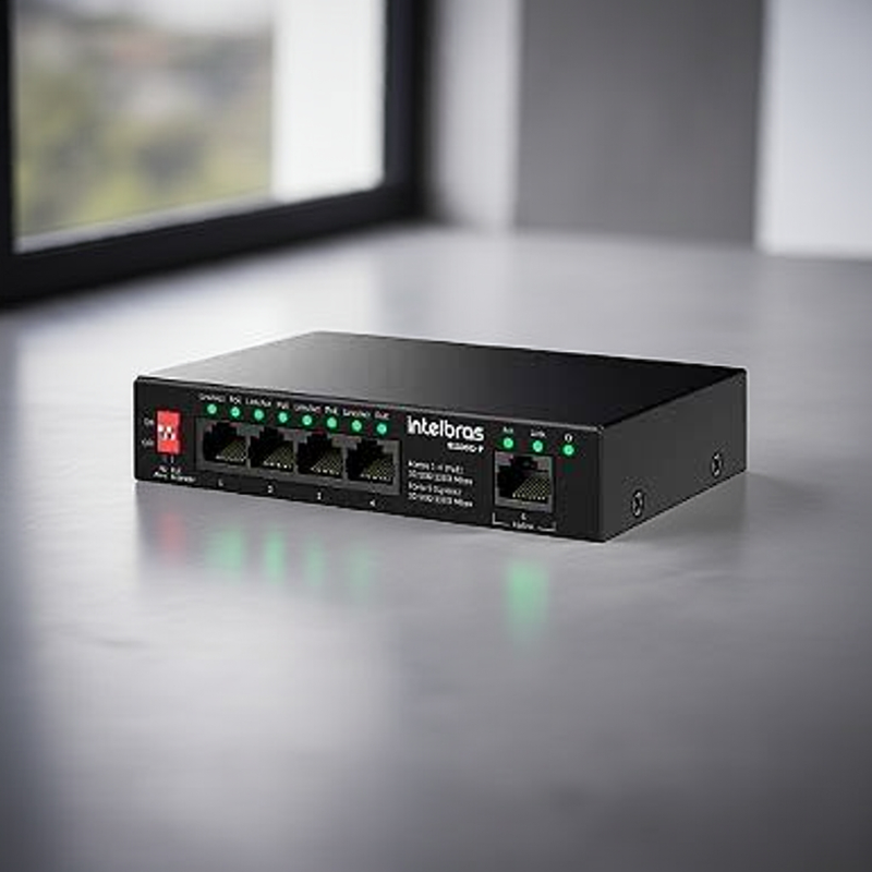 Detalhe do Switch Intelbras S1105G-P com indicadores LED