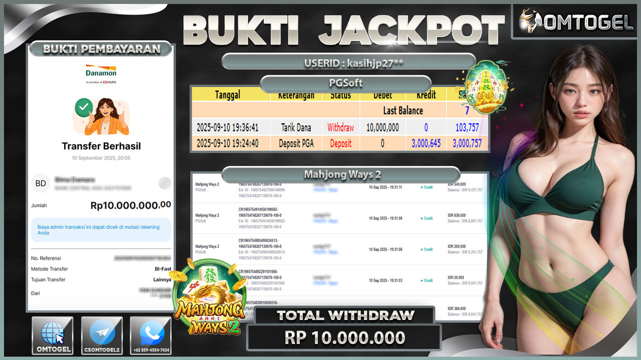 OMTOGEL JACKPOT PGSOFT MAHJONG WAYS 2 10 JUTA DI BAYAR LUNAS ,-