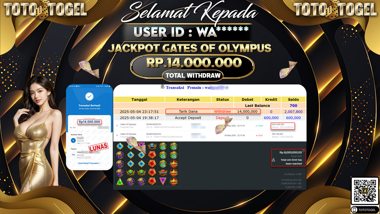 Bukti Pembayaran Jackpot  Permainan Slot Gates Of Olympus ID:WA***** LUNAS