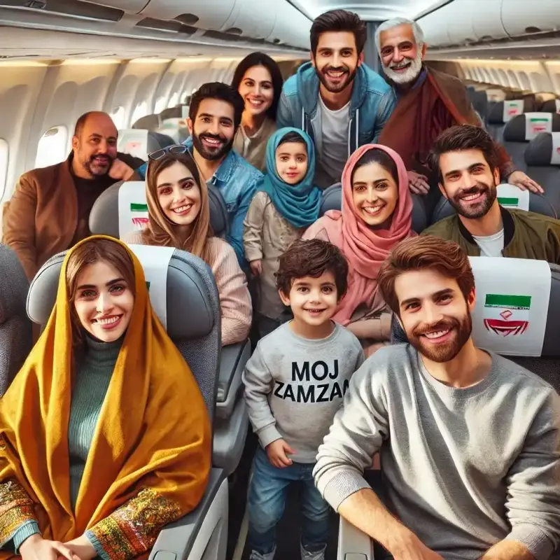 گروهی از مسافران خوشحال در هواپیما که با موج زمزم سفر می‌کنند.