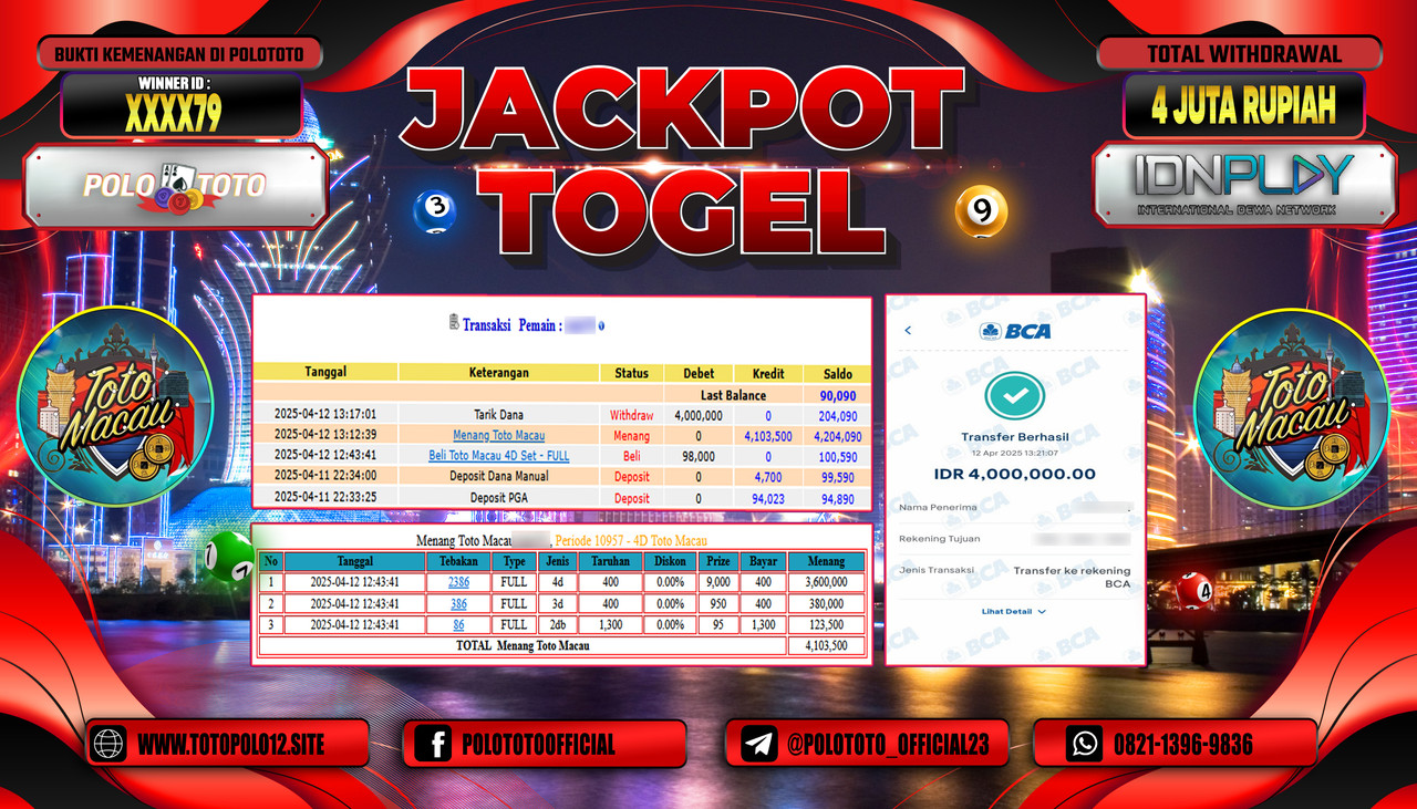 POLOTOTO JACKPOT TOGEL TOTO MACAU 4D Rp.4.000.000,-