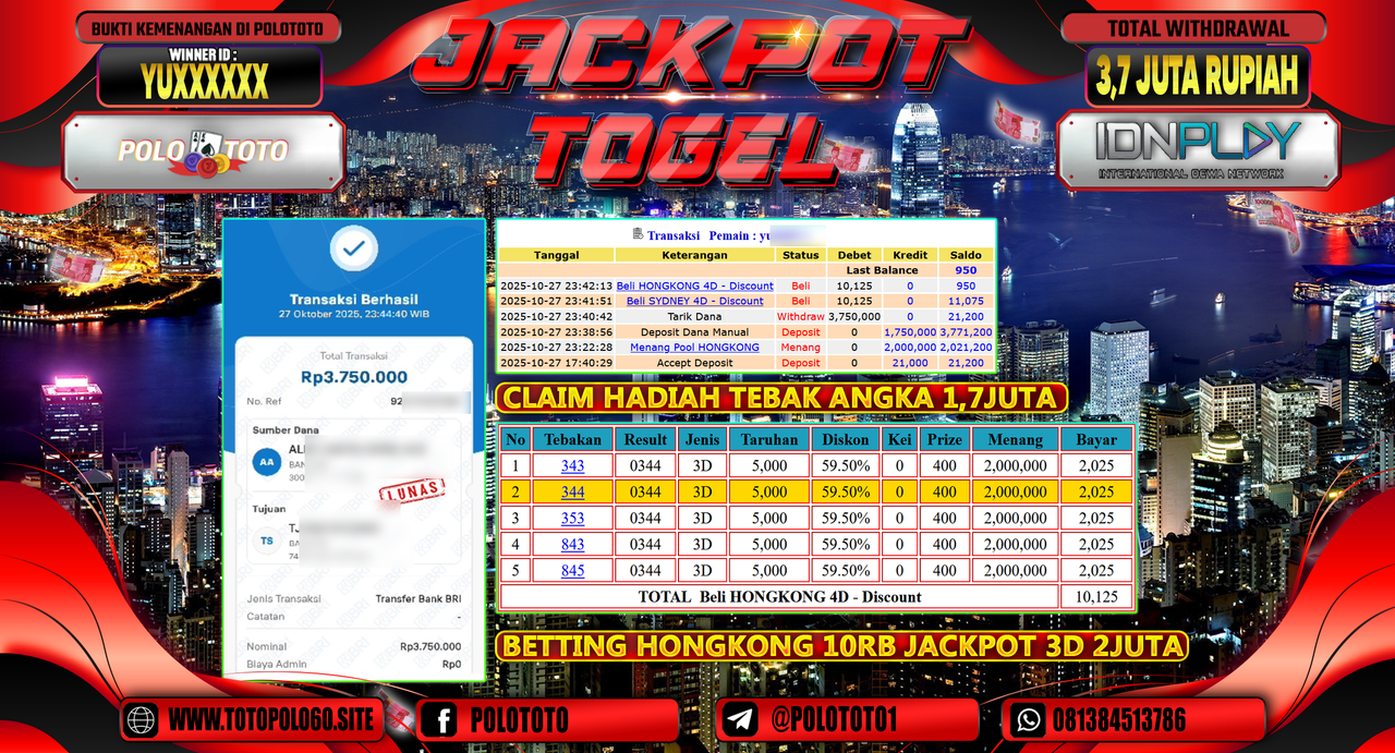 POLOTOTO JACKPOT MENANG TOGEL HONGKONG LOTTO Rp.3.70.000,- LUNAS