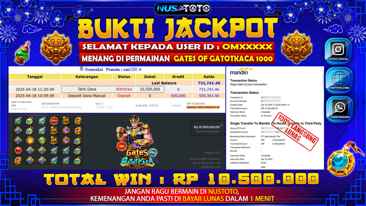 JACKPOT !! MENANG BESAR DI SLOT GATES OF GATOTKACA 1000 Rp. 10.500.000 LANGSUNG DI BAYAR LUNAS NUSTOTO !!
