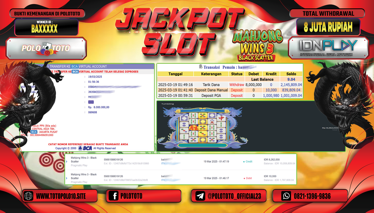 POLOTOTO JACKPOT SLOT MAHJONG WINS BLACK SCATTER 3 Rp.8.000.000,-
