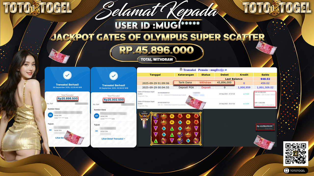Bukti Pembayaran Jackpot Permainan Slot Gates Of Olympus Super Scatter ID:MUGI*** LUNAS