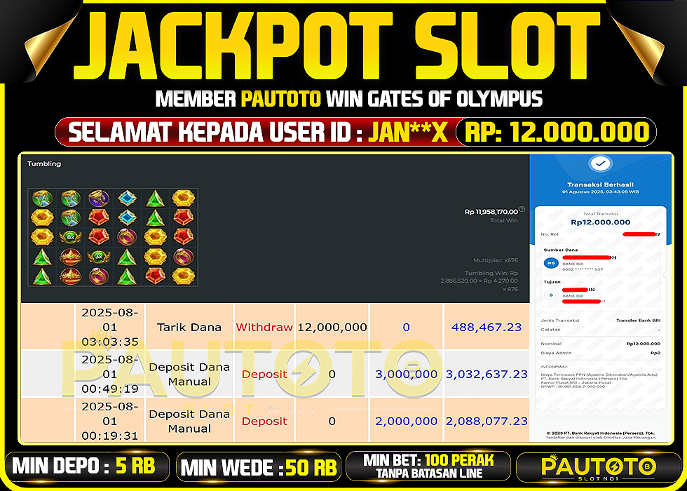 BUKTI PEMBAYARAN TGL 31 JULY 2025 MENANG DI PERMAINAN GATES OF OLYMPUS TOTAL WD 12 JUTA