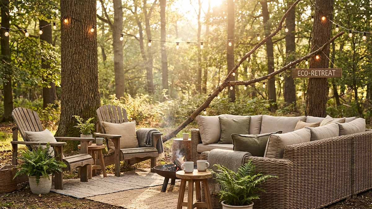 Уютная лаунж-зона на природе с мебелью из натурального дерева и ротанга