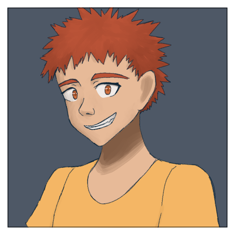A digital drawing of Sorrel from the shoulders up. Sorrel has a 
    medium-light skin tone and orange eyes with a slightly bewildered air to them. He has short, spiky, orange-ish hair, and is wearing a simple 
    orange T-shirt.