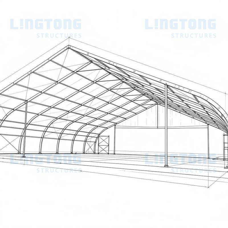 Peach shape sports tent structure with distinctive curved profile for enhanced aesthetics