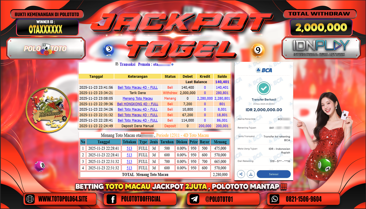 POLOTOTO JACKPOT TOGEL MENANG TOTO MACAU Rp.2.000.000,- LUNAS