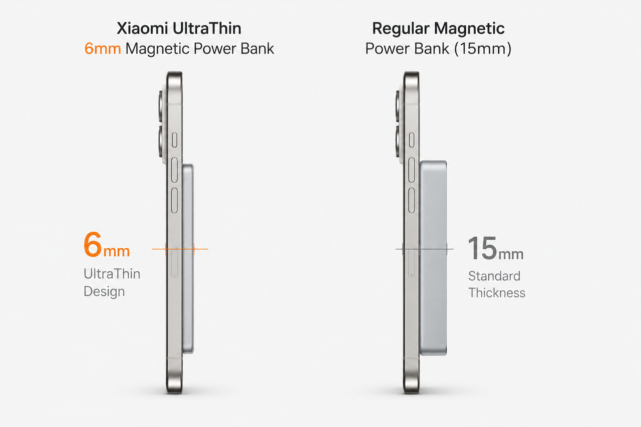 Xiaomi UltraThin 6mm magnetic power bank thickness comparison