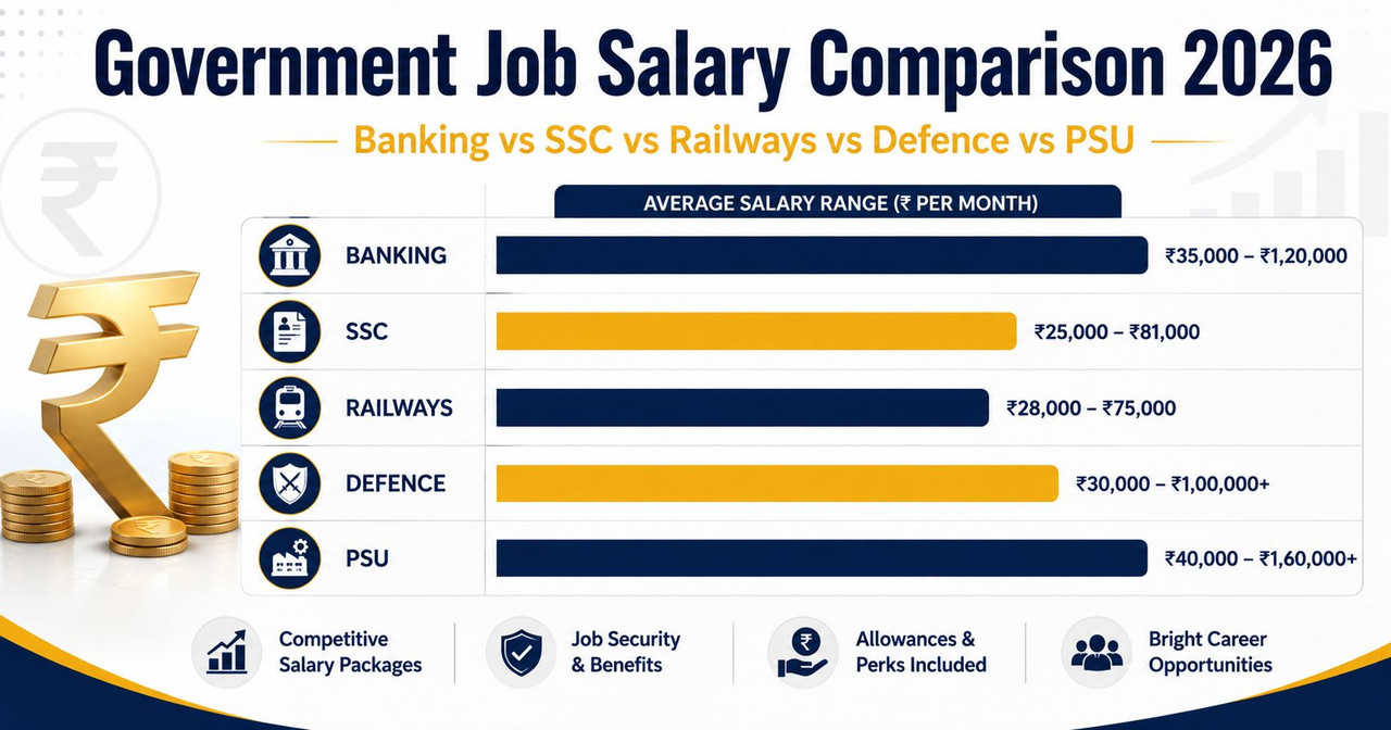 Government job salary comparison 2026 banking SSC railways defence PSU illustration