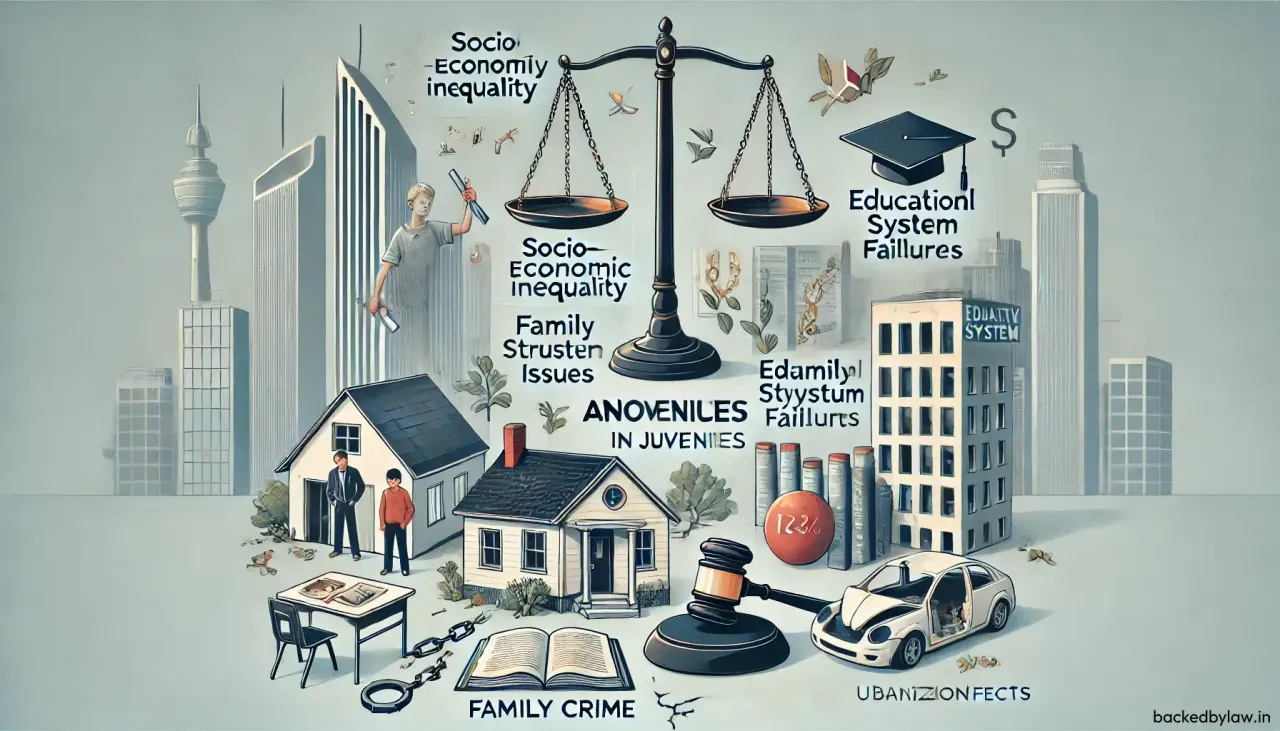 Infographic detailing key factors contributing to juvenile anomie, such as socio-economic inequality, family structure issues, and educational system failures.