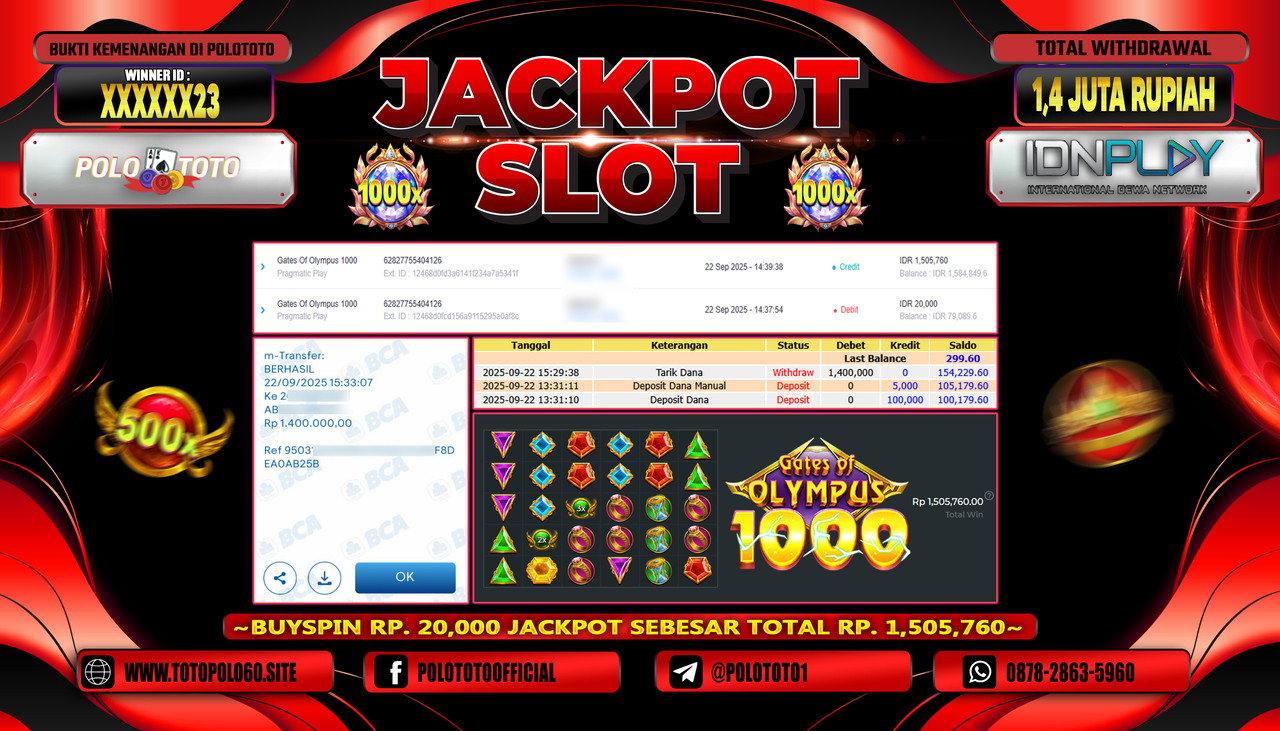 POLOTOTO JACKPOT SLOT GATES OF OLYMPUS 1000 Rp.1.400.000,- LUNAS