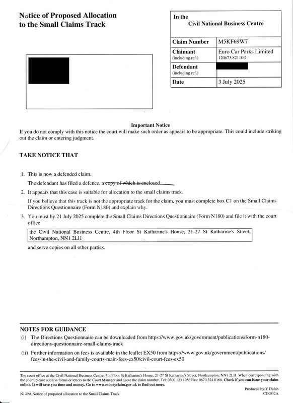 Notice of Proposed Allocation to the Small Claims Track