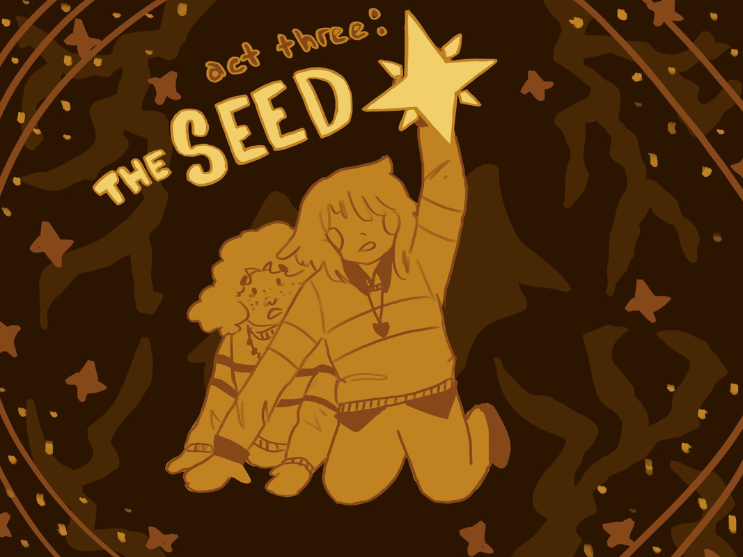 In the same color palette as UNDERTALE's intro story, Chara kneels protectively in front of a shocked Frisk, their hand outstretched and grasping a four pointed save star. The background consists of stars and lightning bolts that mirror Asriel's attacks in his final battle.