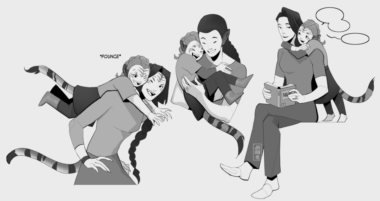 Black and white doodles of the Sunlight trio with a playful half shifted Rumi
