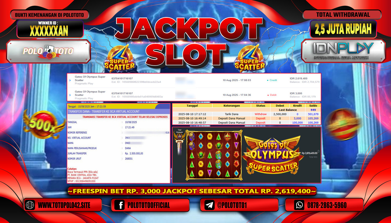 POLOTOTO JACKPOT SLOT GATES OF OLYMPUS SUPER SCATTER Rp.2.500.000,-LUNAS