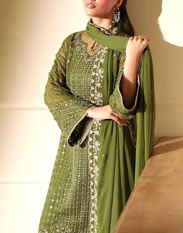 Olive-Green Mehndi Dress – 9mm Sequins, Emb Daman & Patched Trouser