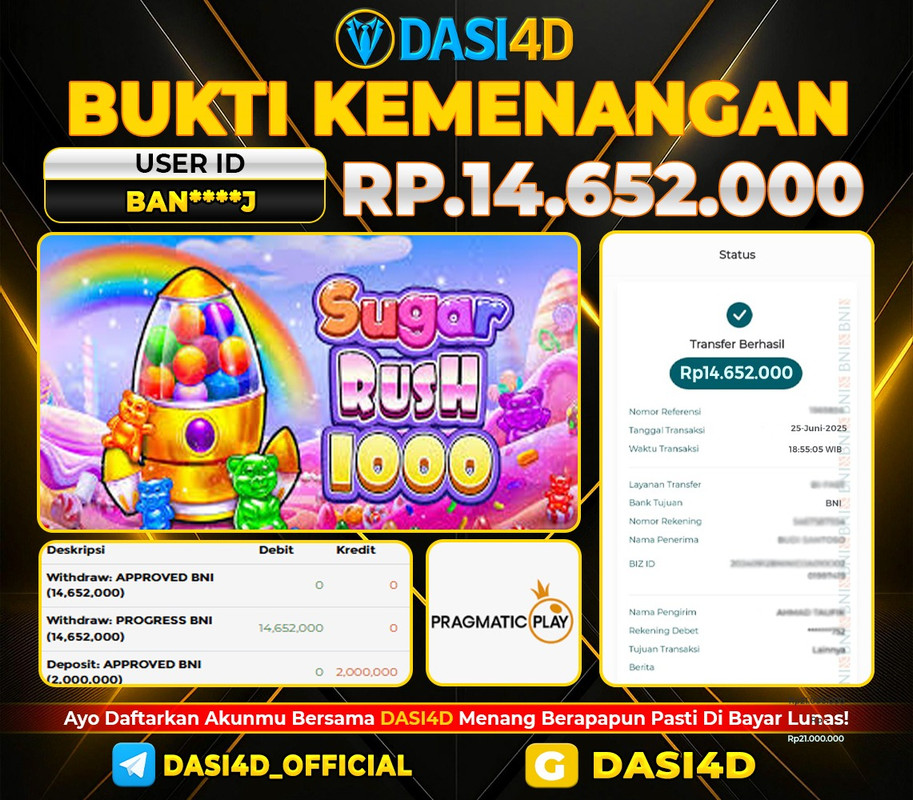 BUKTI KEMENANGAN 25 JULI 2025 DI SUGAR RUSH 1000  RP 14,652,000