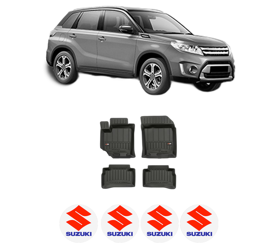 Set covorase presuri SUZUKI VITARA (LY) din 2015-2016, auto, din cauciuc thermoplastic, 4 Stickere auto cu SUZUKI