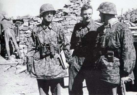 Division Das Reich, de izquierda a derecha, SS-Hauptsturmführer Helmuth Schreiber, SS-Standartenführer Heinz Harmel y SS-Sturmbannführer Günther Wisliceny. Fotografiados en Stepanovka en el frente de Mius a principios de agosto de 1943