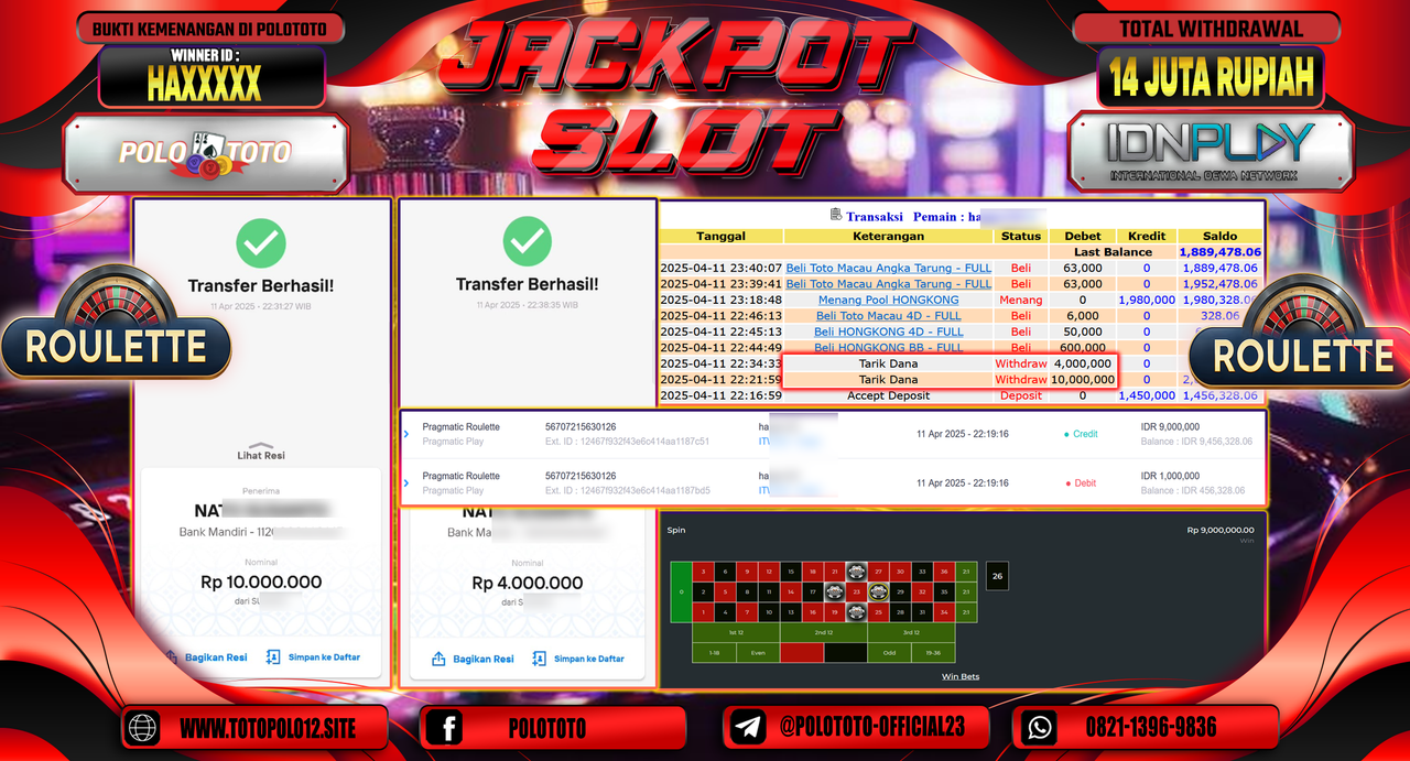 POLOTOTO JACKPOT SLOT PRAGMATIC ROULETTE 14.000.000,-LUNAS