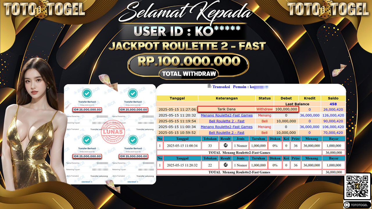 Bukti Pembayaran Jackpot Permainan Live Game Roulette 2 - Fast ID:KO***** LUNAS