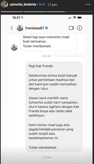 Balasan DM orangtua Zylvechia Kimberly untuk Franda