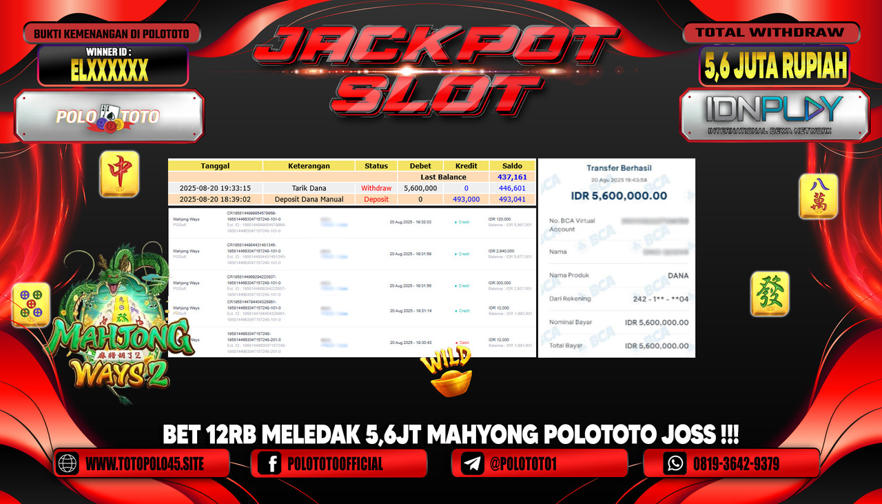 POLOTOTO JACKPOT SLOT MAHJONG WAYS Rp.5.600.000,- LUNAS