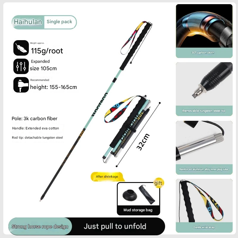 Ultralight Carbon Fiber Foldable Trail Running & Hiking Pole(blue Recommended height range 155-165cm)