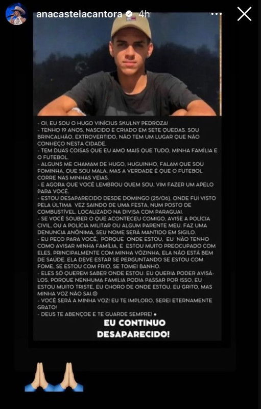 Ana Castela compartilhou cartaz de buscas pelo jogador de futebol. — Foto: Reprodução/Instagram