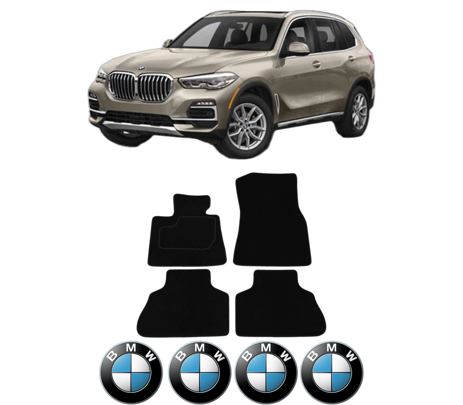 Set Covorase Presuri BMW Seria X5 (G05, F95) din 2018-2023, Auto, Material Textil Mocheta, 4 Stickere auto cu BMW
