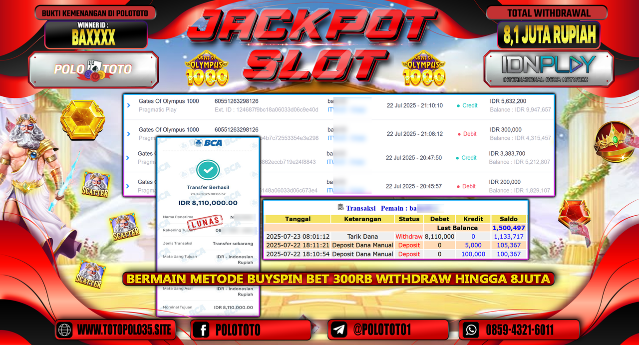 POLOTOTO JACKPOT SLOT GATES OF OLYMPUS 1000 Rp.8.100.000,- LUNAS