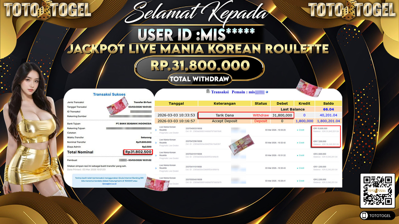 Bukti Pembayaran Jackpot Permainan Pragmatic Live Mania Korean Roulette ID:MIS*****LUNAS