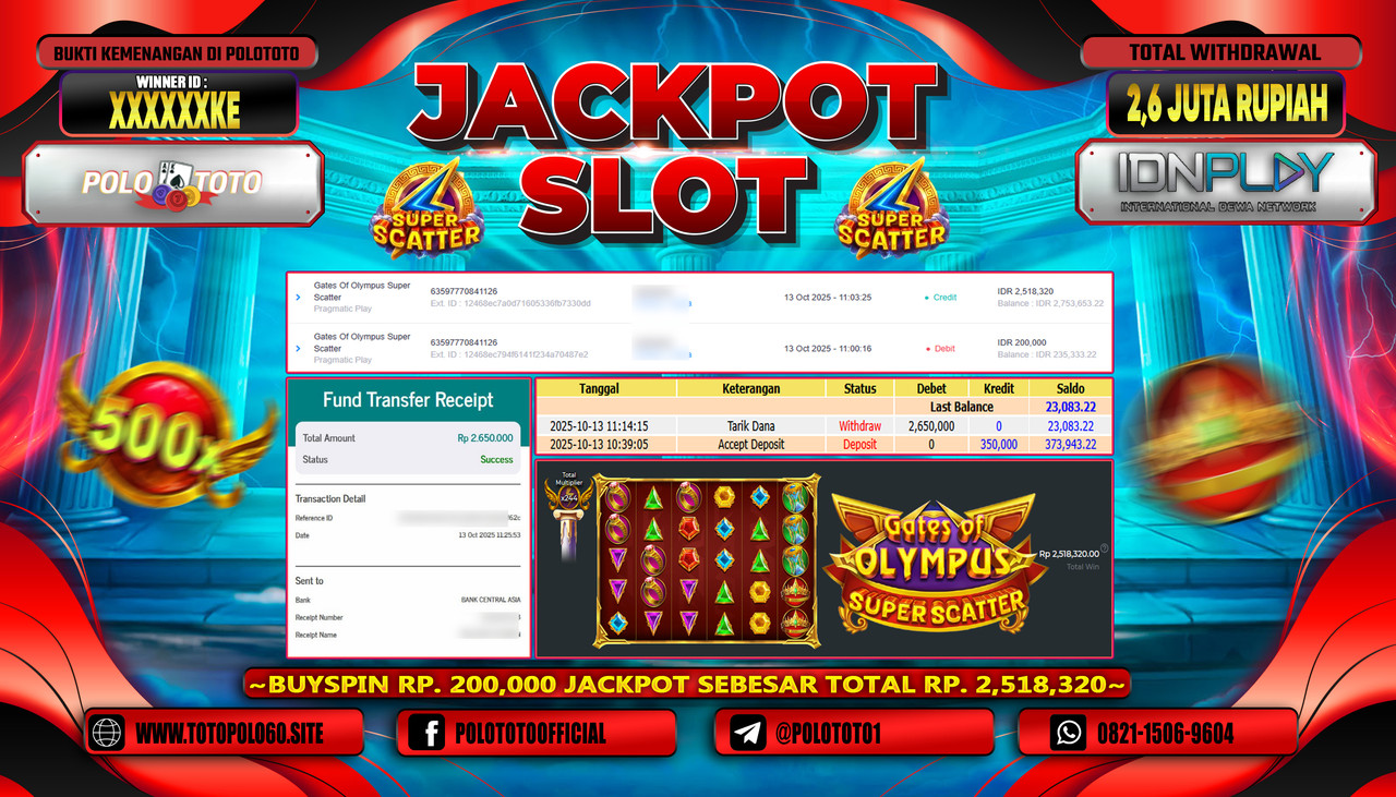 POLOTOTO JACKPOT SLOT GATES OF OLYMPUS SUPER SCATTER Rp.2.600.000,- LUNAS